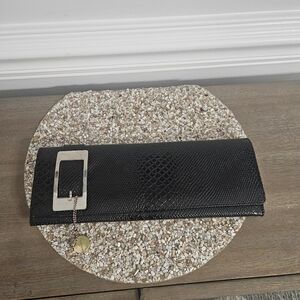 Big Buddha Black Snake Skin Print Clutch with Silver Buckle Accent Snap Closure
